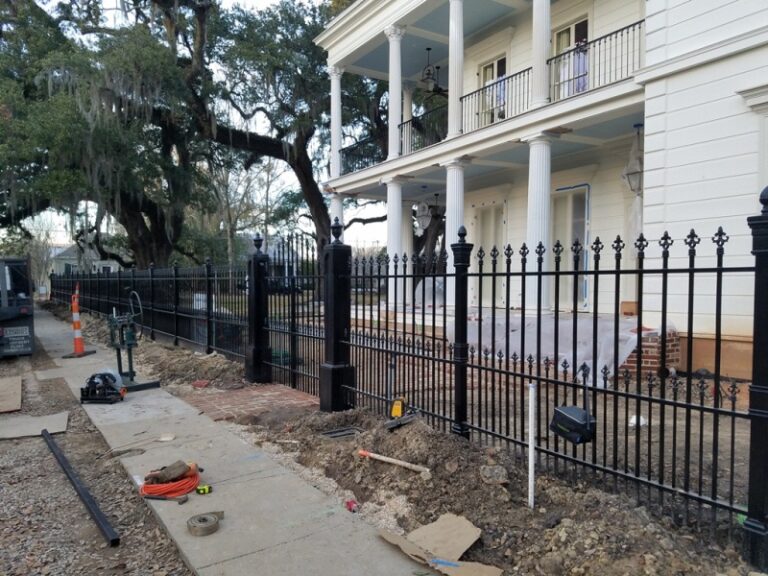 custom ornamental wrought iron fence and dual swing entry gate with custom metal Victorian posts