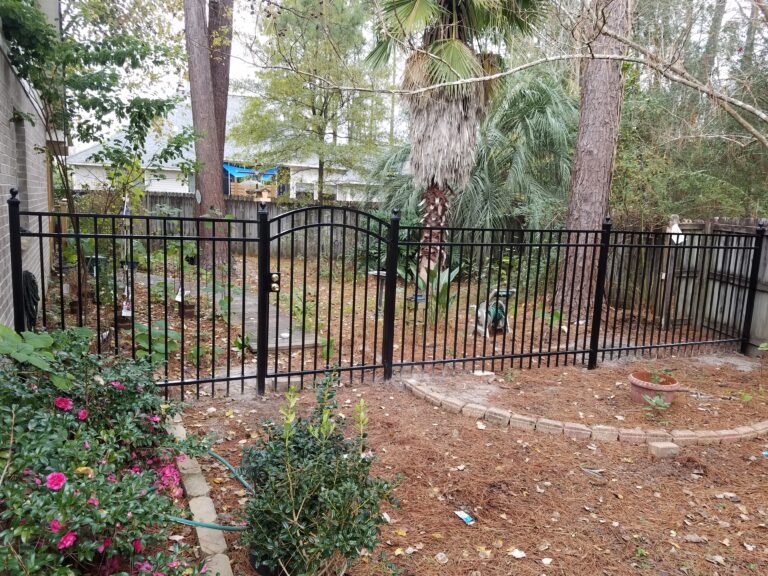 backyard woright iron fence with pedestrian arched gate
