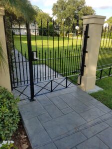 custom wrought iron pedestrian gate with spears finials