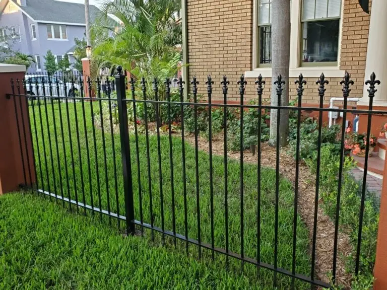 wrought iron perimeter fence with fleur de liz finials