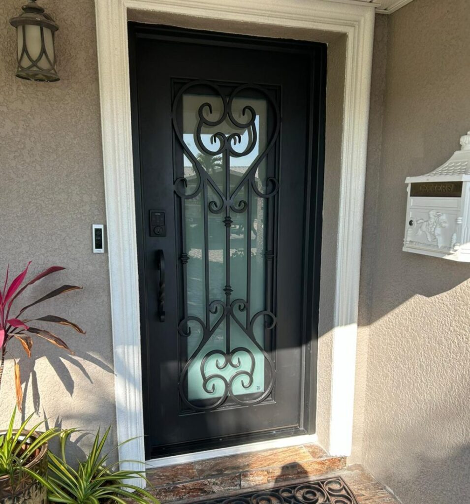 custom ornamental single iron door door with frosted glass